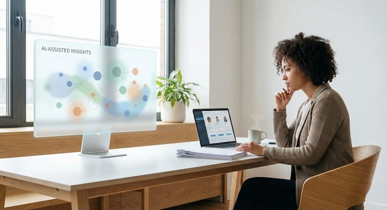 A hiring manager sits at a desk reviewing candidate profiles on a laptop while a large screen displays AI-assisted insights in the background, illustrating the balance between human judgment and AI tools in the hiring process.