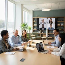 Diverse HR team collaborating in a hybrid meeting with both in-person and remote employees, representing multi-state workforce management.