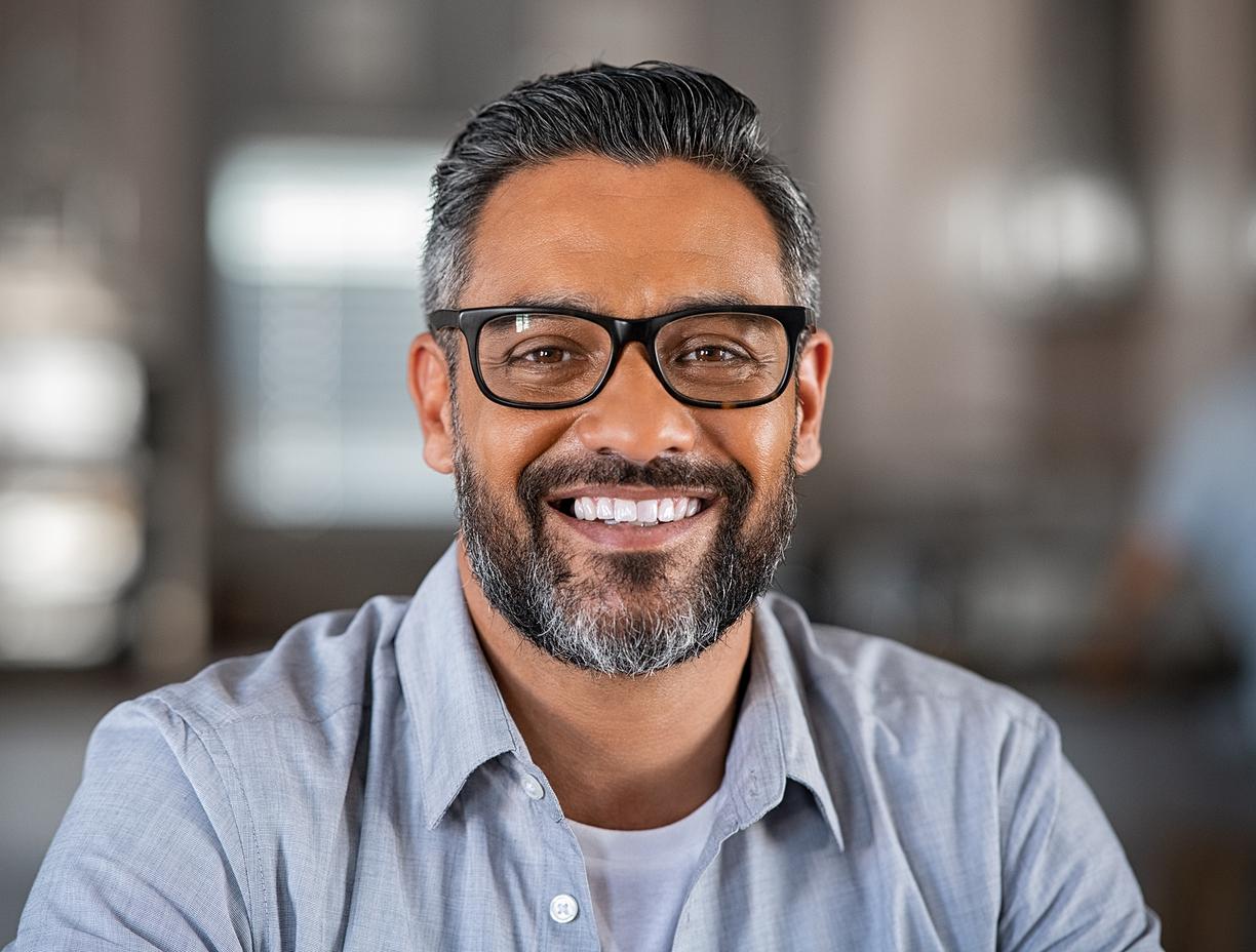 Man with glasses smiling. 