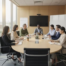 Business leaders discussing 2026 HR budgeting strategy in a conference room.