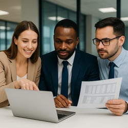Three business professionals collaborate in a modern office. A woman points at a laptop screen while two men review a payroll document, symbolizing HR and finance teams working together on payroll administration.