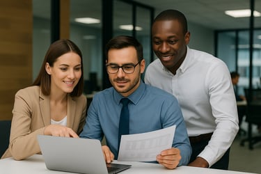 Three business professionals collaborate in a modern office. A woman points at a laptop screen while two men review a payroll document, symbolizing HR and finance teams working together on payroll administration.