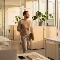 Man walks through an empty office early in the morning carrying a cup of coffee.